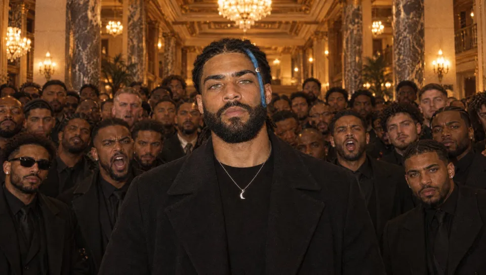 Front and center in the hotel lobby, a packed crowd of men in black behind him, some of them shouting.
